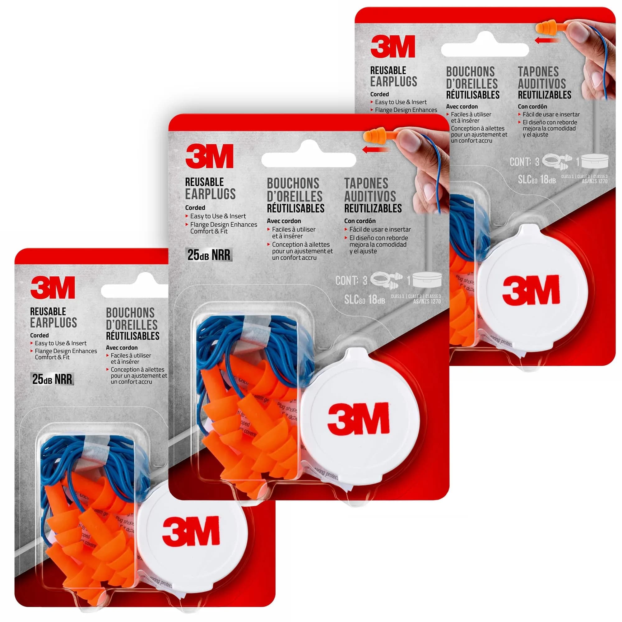 3M Corded Reusable Earplugs 3 Pair (Pack of 3) | NRR 25 dB Noise Reduction - view 2