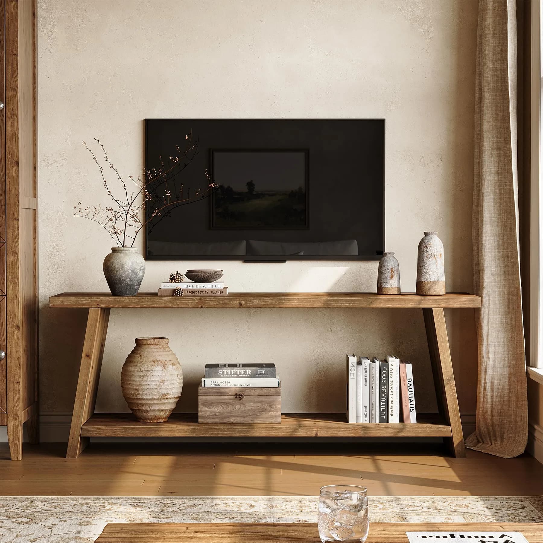 LITTLE TREE Solid Wood TV Stand for 55/60/65 inch TVs | Farmhouse 2-Tier Media Console Walnut 63-Inch