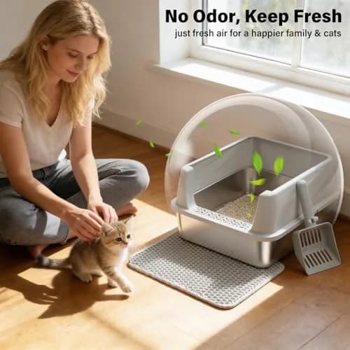Exovyn Stainless Steel Litter Box with Lid | Small Cat Kitten Litter Box, Odor Control, Anti-Leakage, 17.5x13.6x8in thumbnail 6