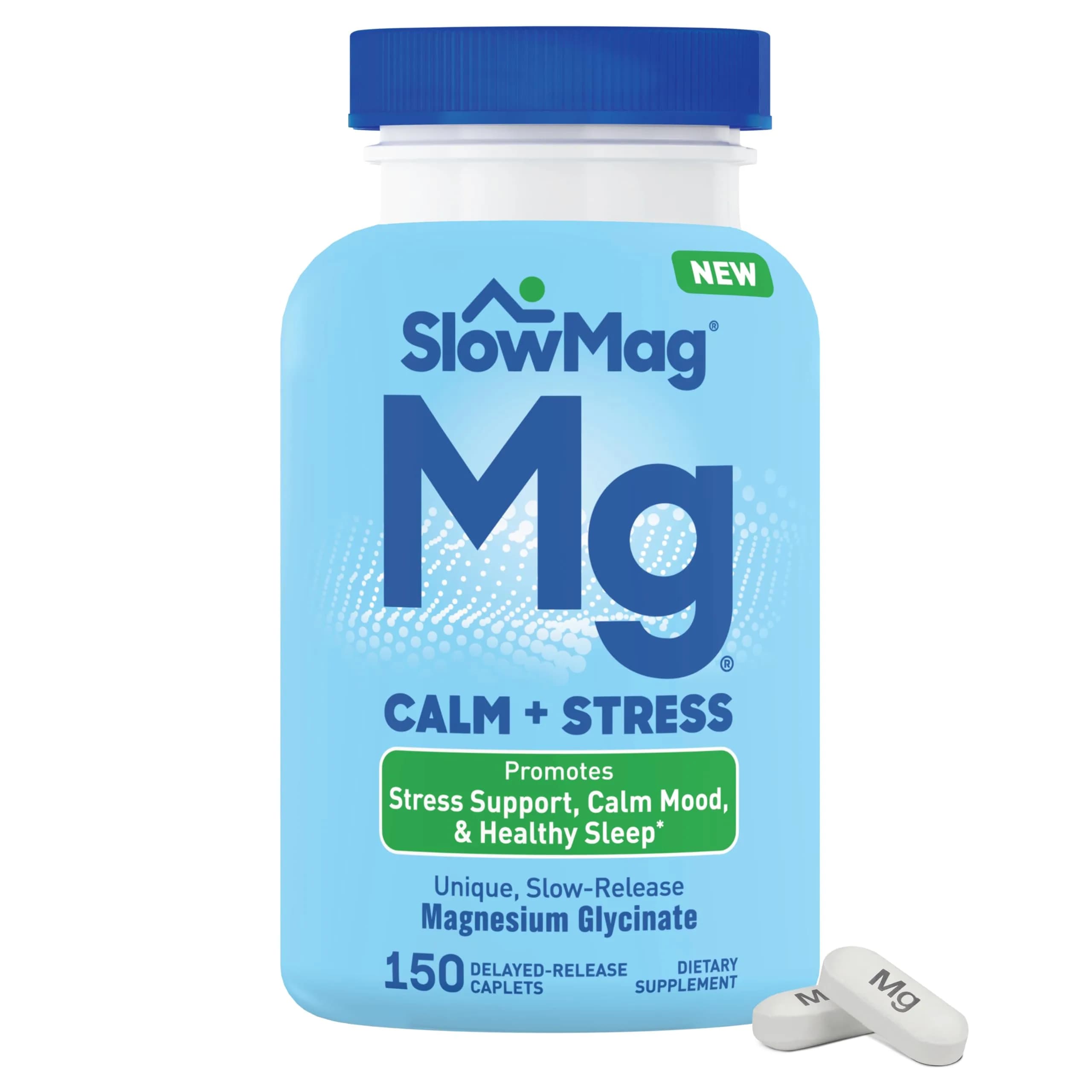 SlowMag Magnesium Glycinate Caplets 150 Count | Slow-Release Calm & Stress Support for Women & Men