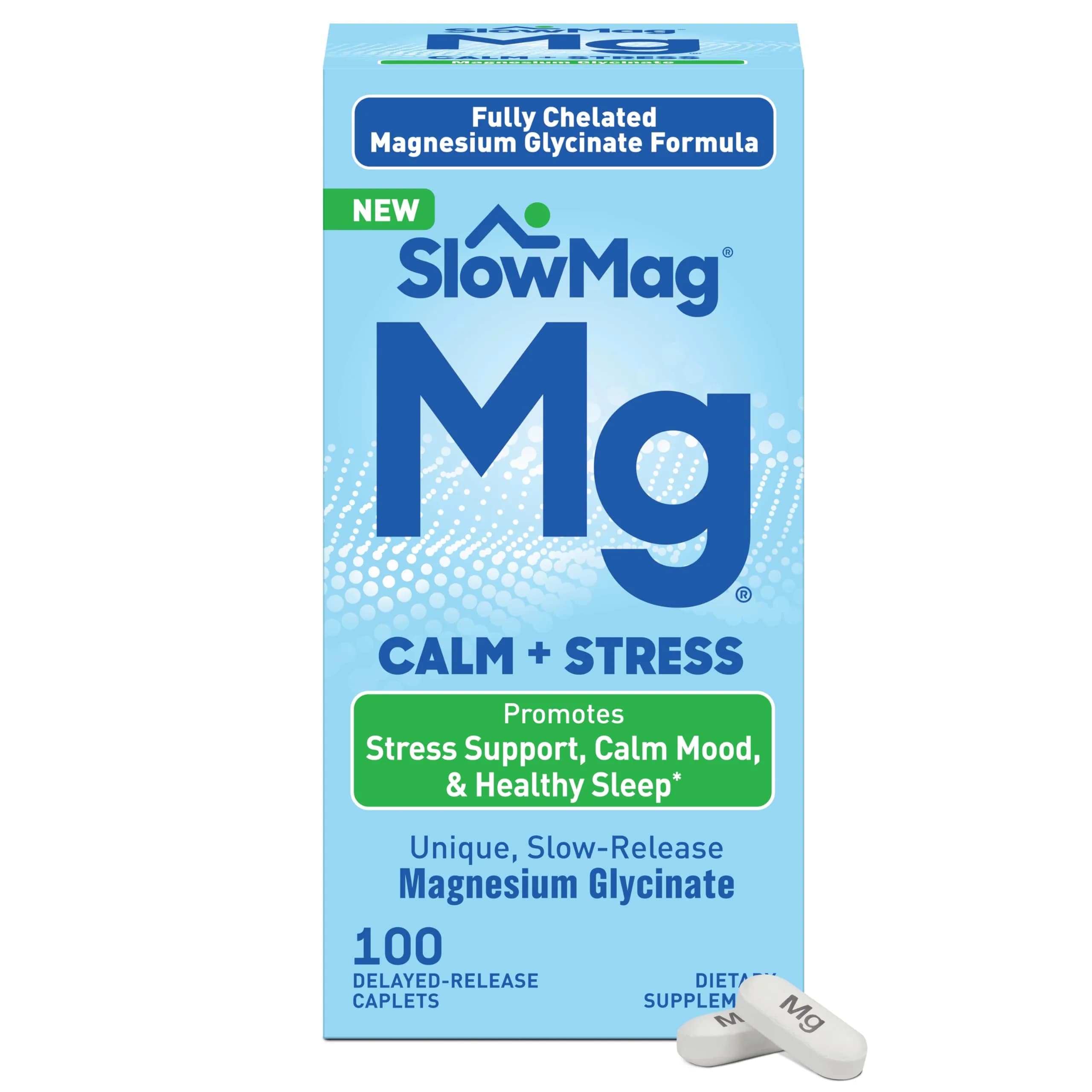 SlowMag Magnesium Glycinate Caplets 100 Count | Slow-Release Calm & Stress Support — Tablet