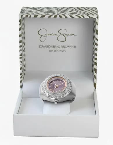 Jessica Simpson Women's Ring Watch – Round Crystal Bezel, Lavender Sunray Dial, Two-Tone Silver Rose Gold, Stretch Expansion Band, Quartz Analog Fashion Accessory thumbnail 9