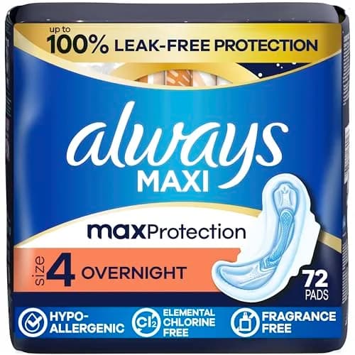 Always Maxi Overnight Feminine Pads with Wings, Size 4, 72 Count | Up to 100% Leak-Free Protection thumbnail 1