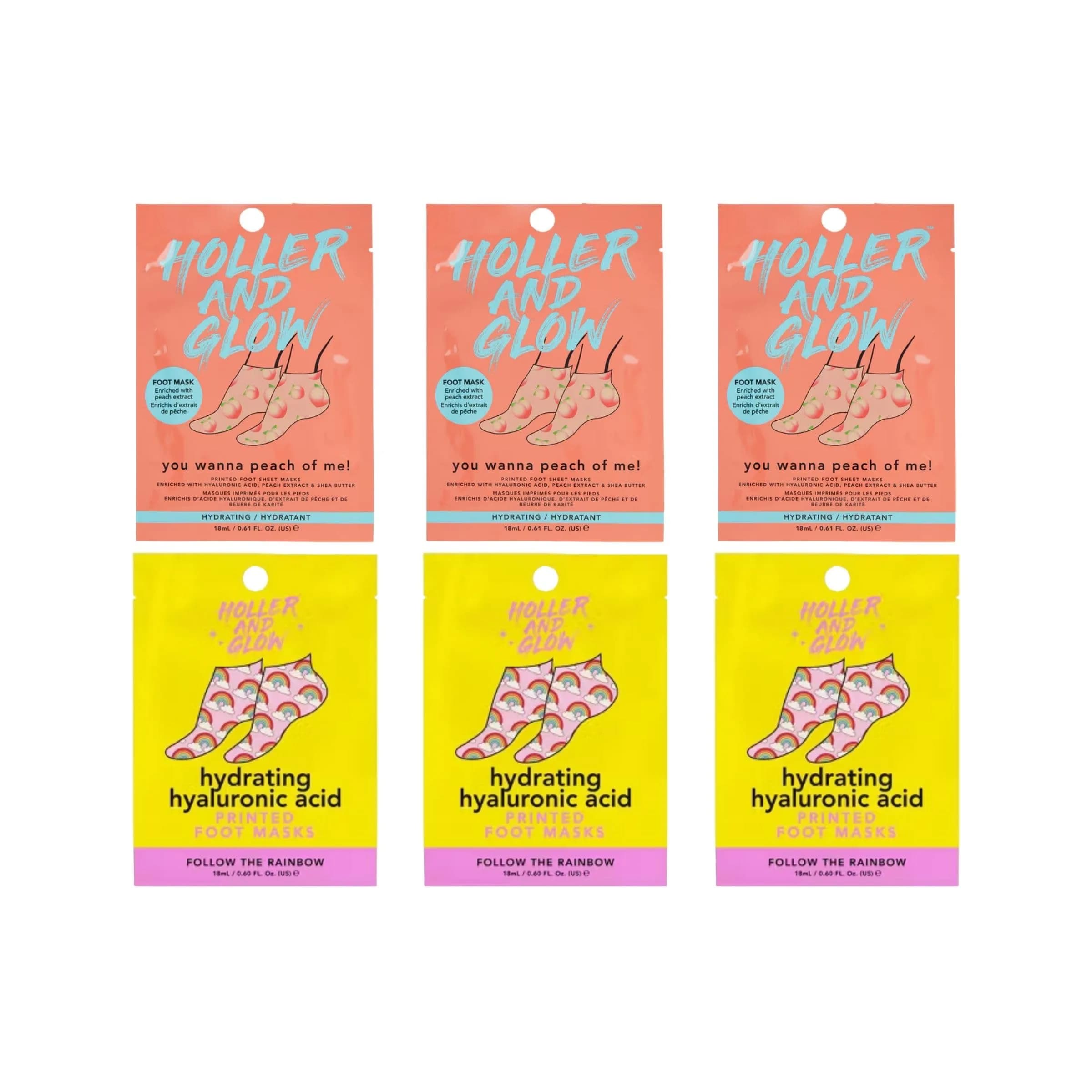 Holler & Glow Printed Foot Mask Variety Pack - Hydrating Socks, 6 Count | Fun Prints & Nourishing Ingredients
