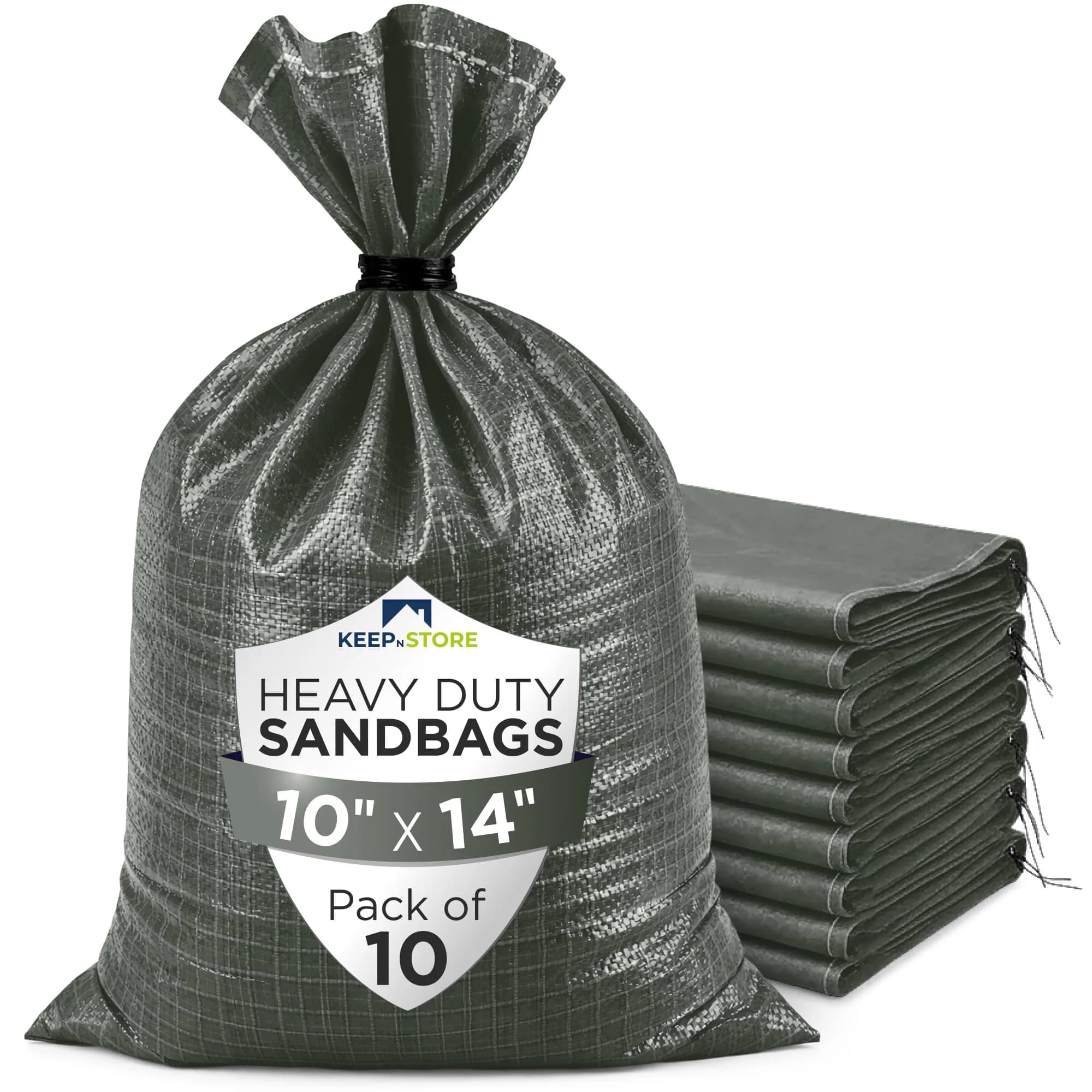 Keep N Store Heavy Duty Sand Bags Pack of 10, Army Green 25cm x 35cm (10"x14") | Flood Control & Weight Bags - main product image