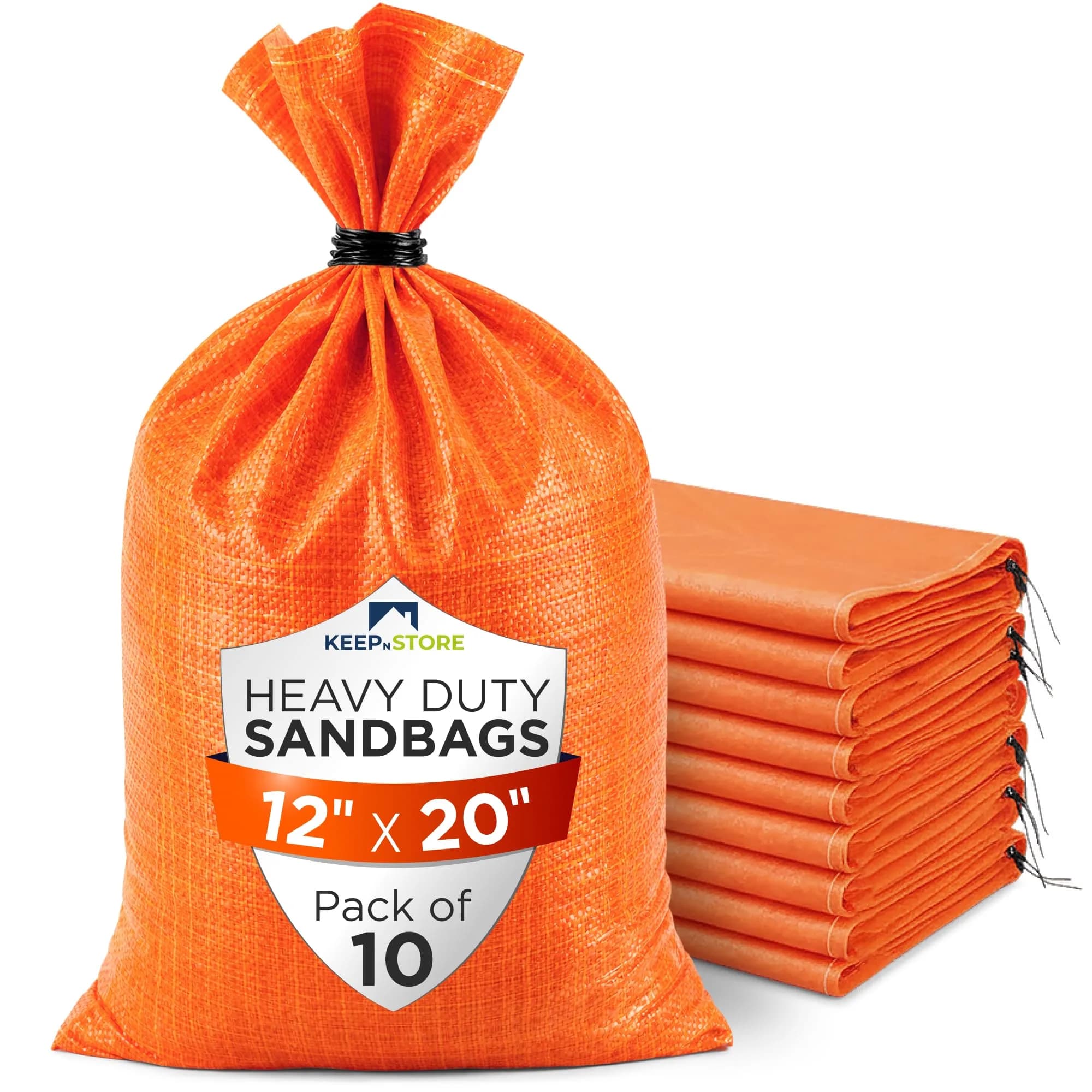 Keep N Store Heavy Duty Sand Bags Pack of 10 | 12x20 inch, 25 lb Capacity, UV Protected, Fillable with Ties, Bright Orange