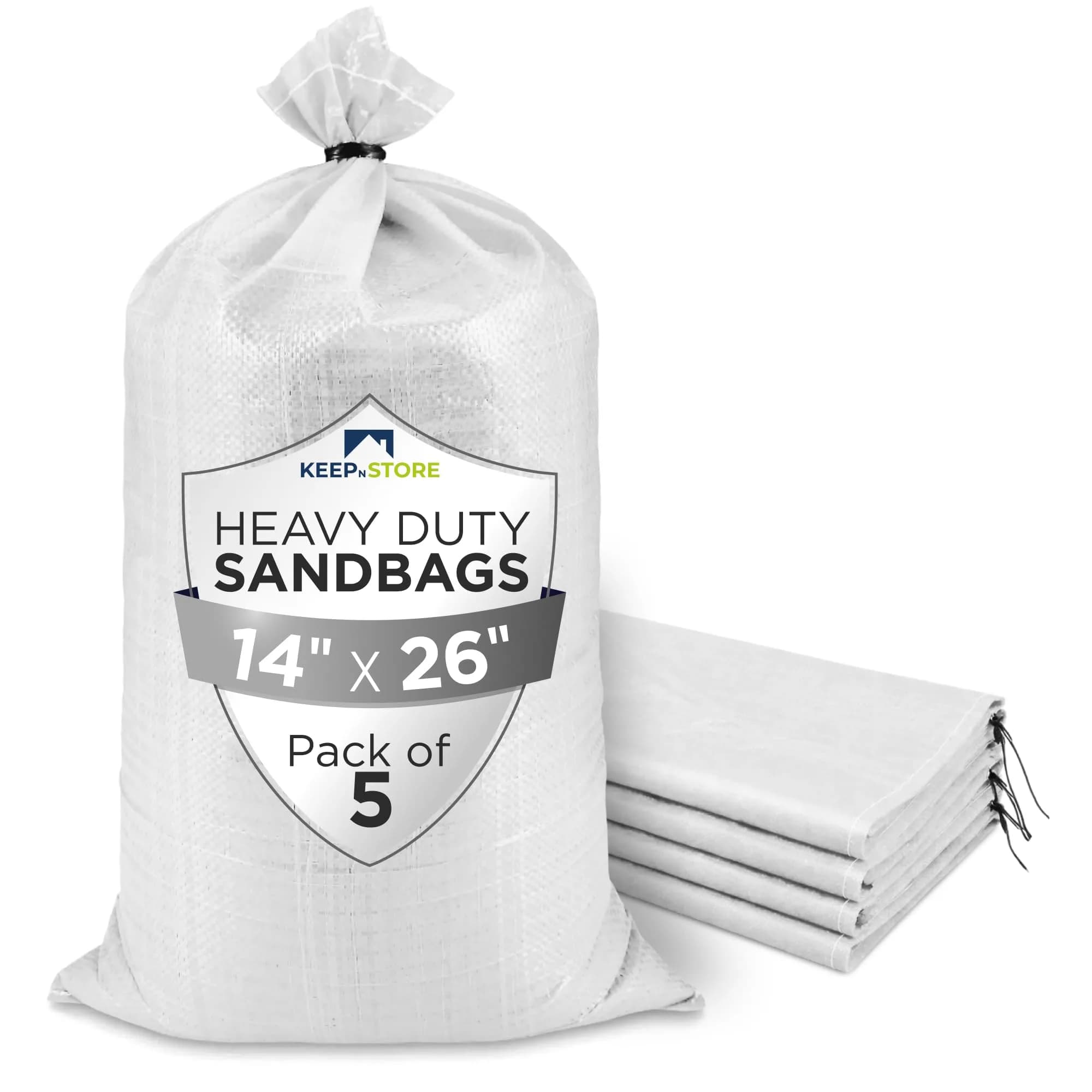 Keep N Store Heavy Duty Sand Bags Pack of 5, Army Green 14x26 inches | Flood Control & Weight Bags — White / 14"W x 26"L