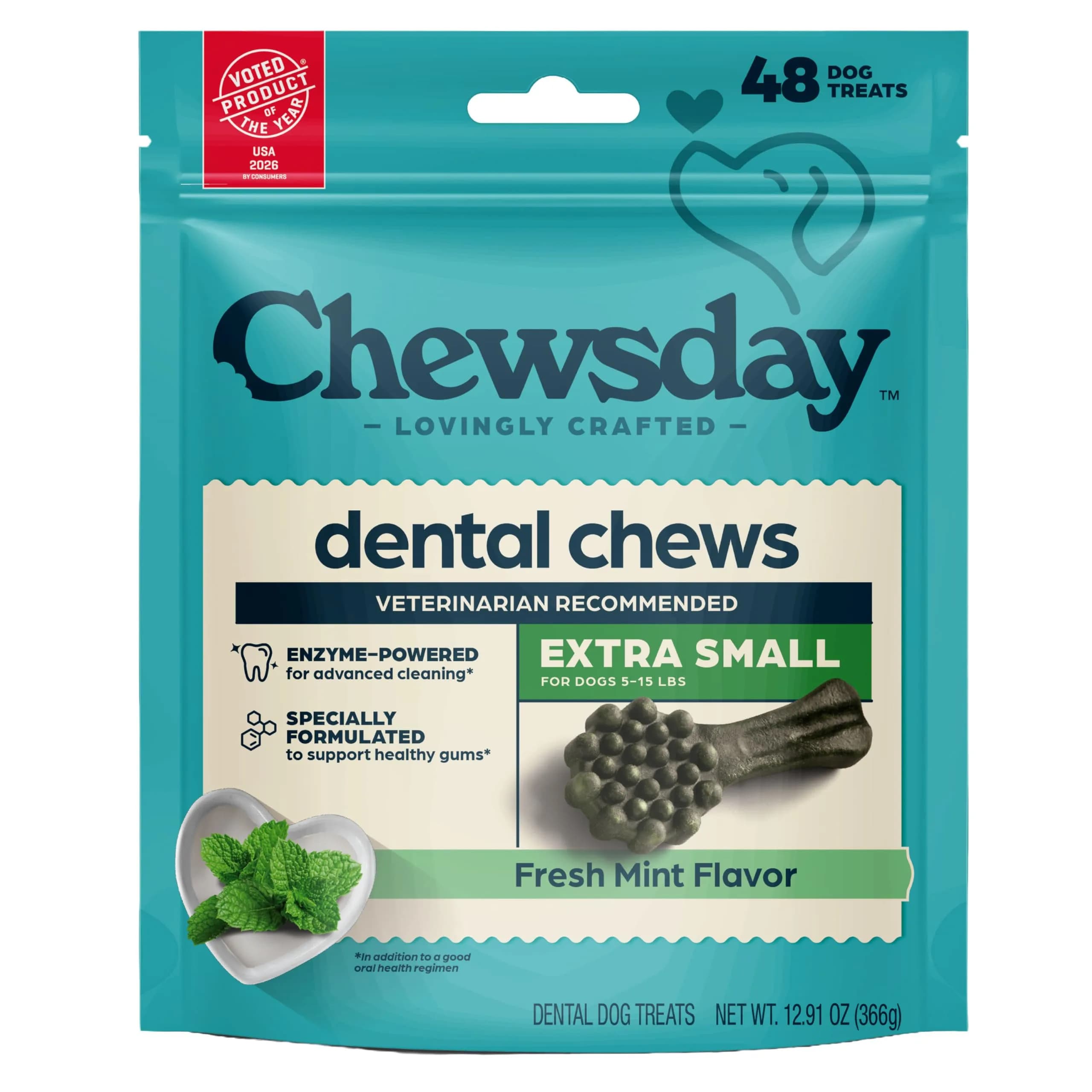 Chewsday Dog Treats Fresh Mint Flavor Dental Chews | Enzyme Powered, Small 13 Count — Chewable