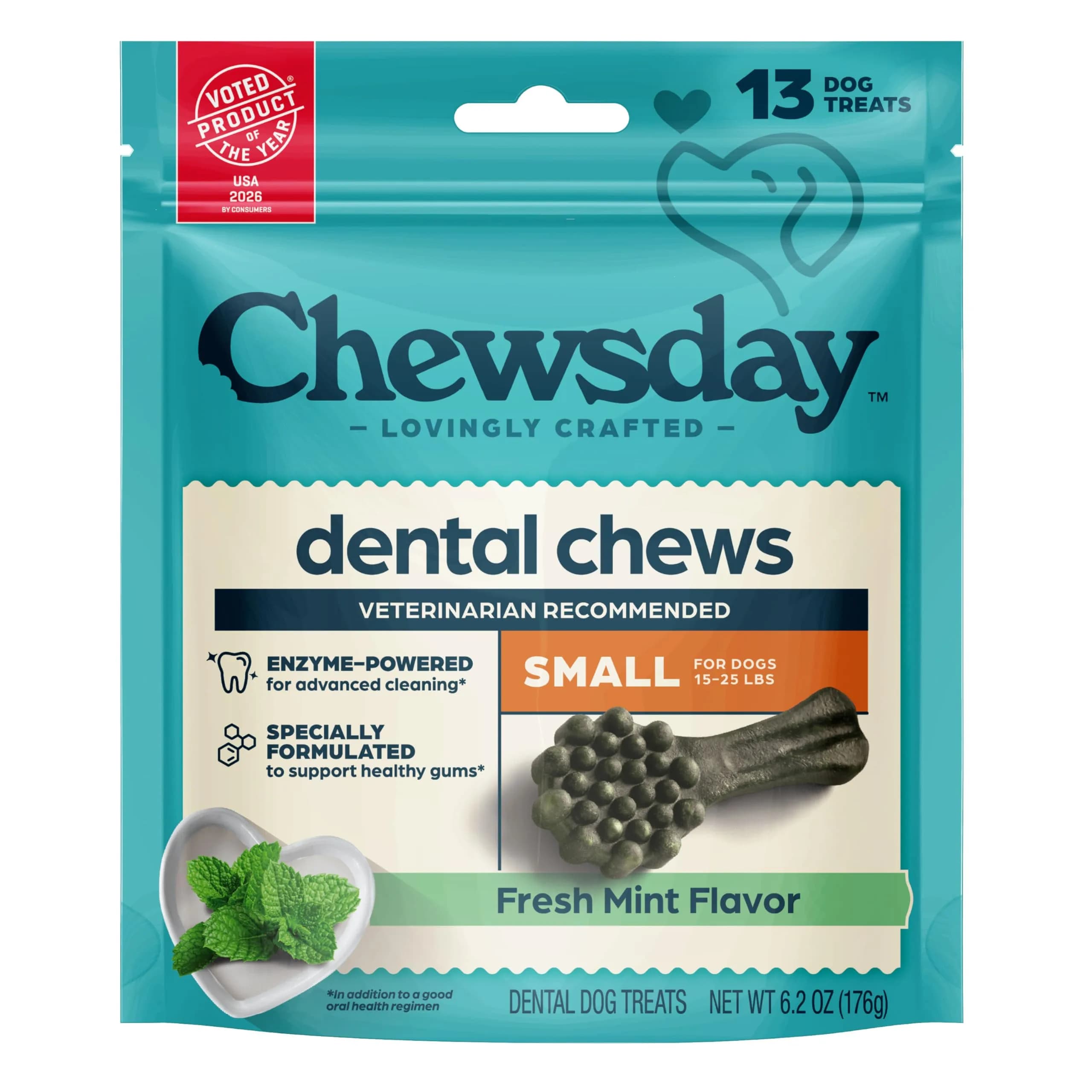 Chewsday Dog Treats Fresh Mint Flavor Dental Chews | Enzyme Powered, Small 13 Count