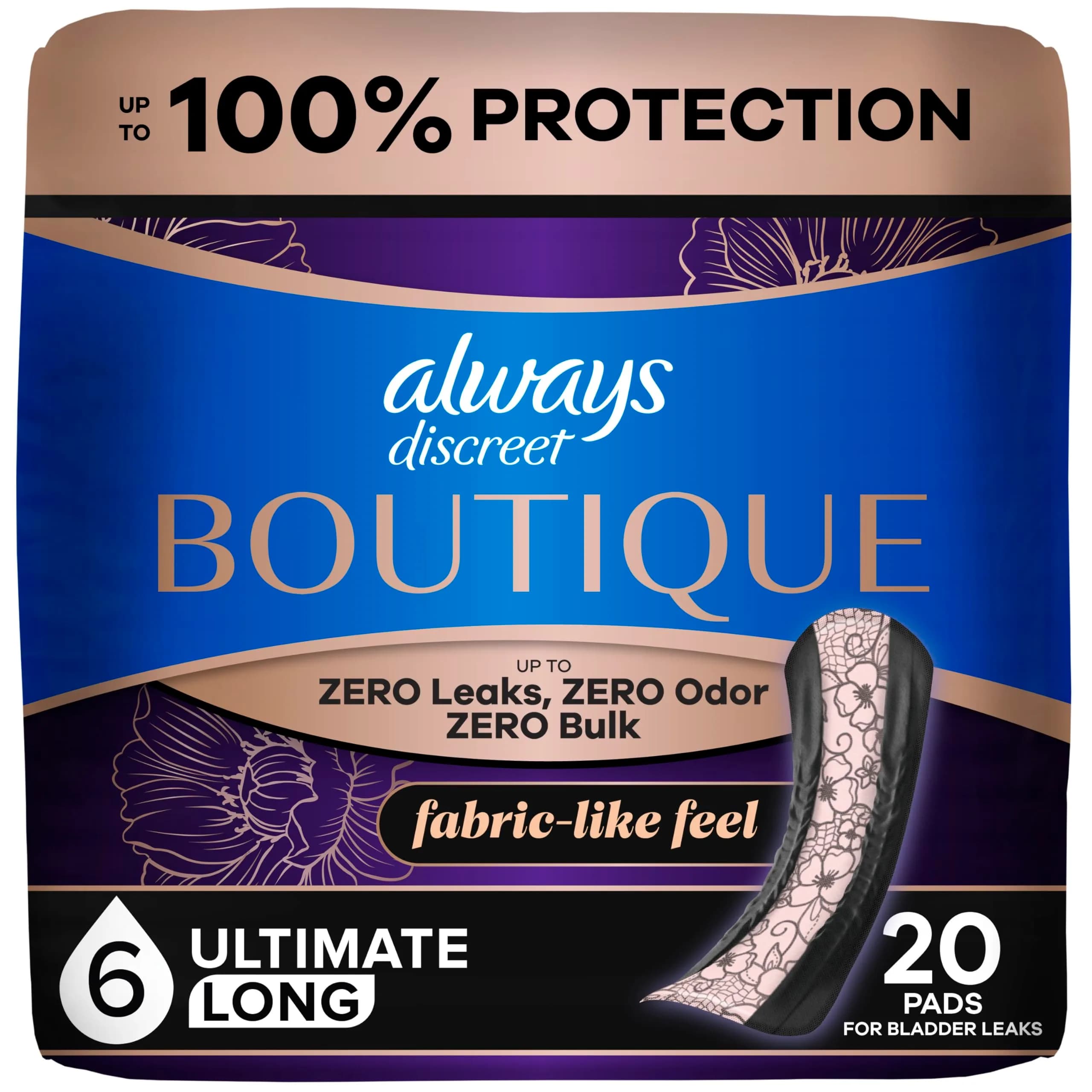 Always Discreet Boutique Adult Incontinence Bladder Leak Pads for Women, Long Length | Up to 100% Leak Protection