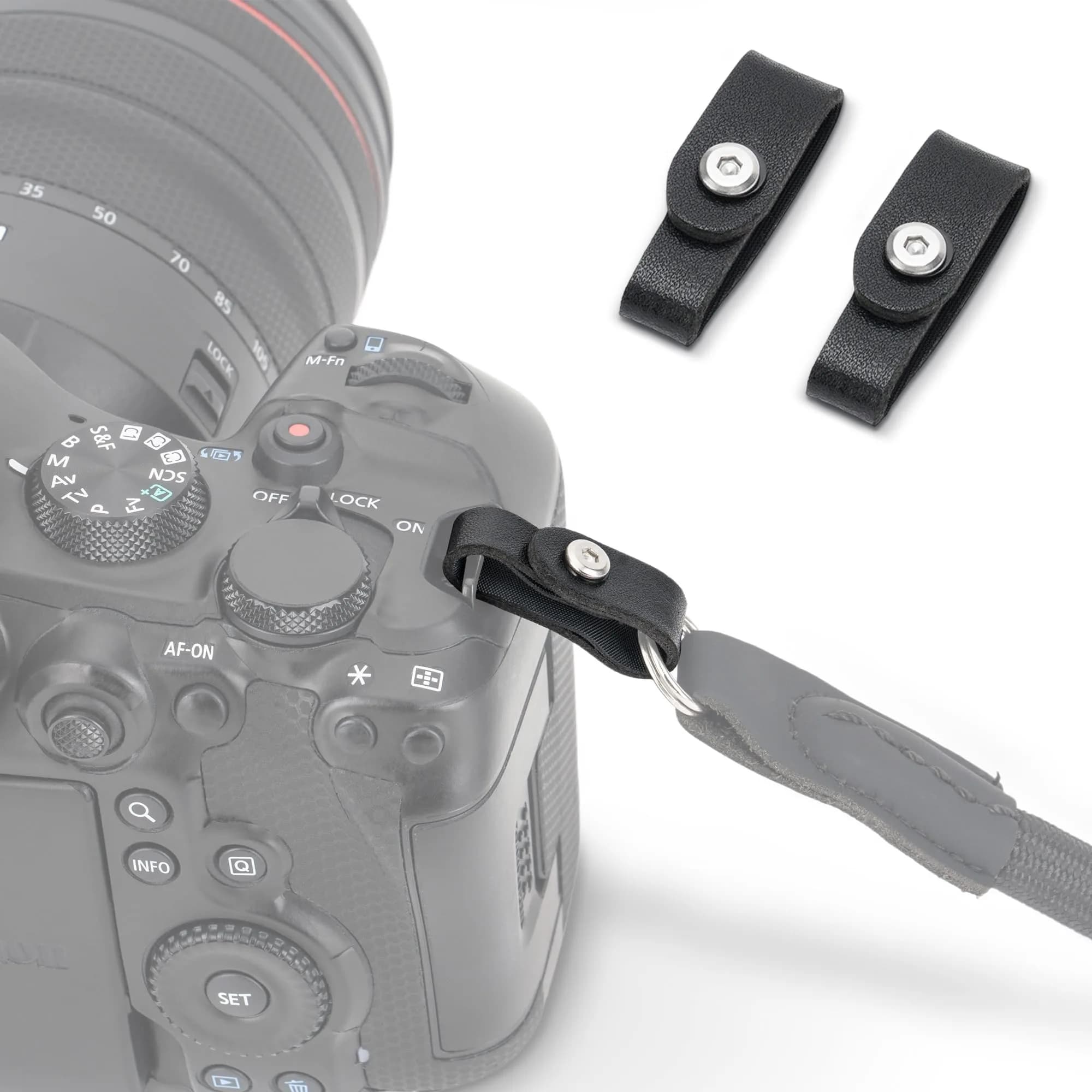 JJC R50 V R6 R5 II Camera Hand Wrist Shoulder Neck Strap Adapter Loop Connector | Durable Microfiber Leather & PVC (for Camera w Square Hole) - main product image