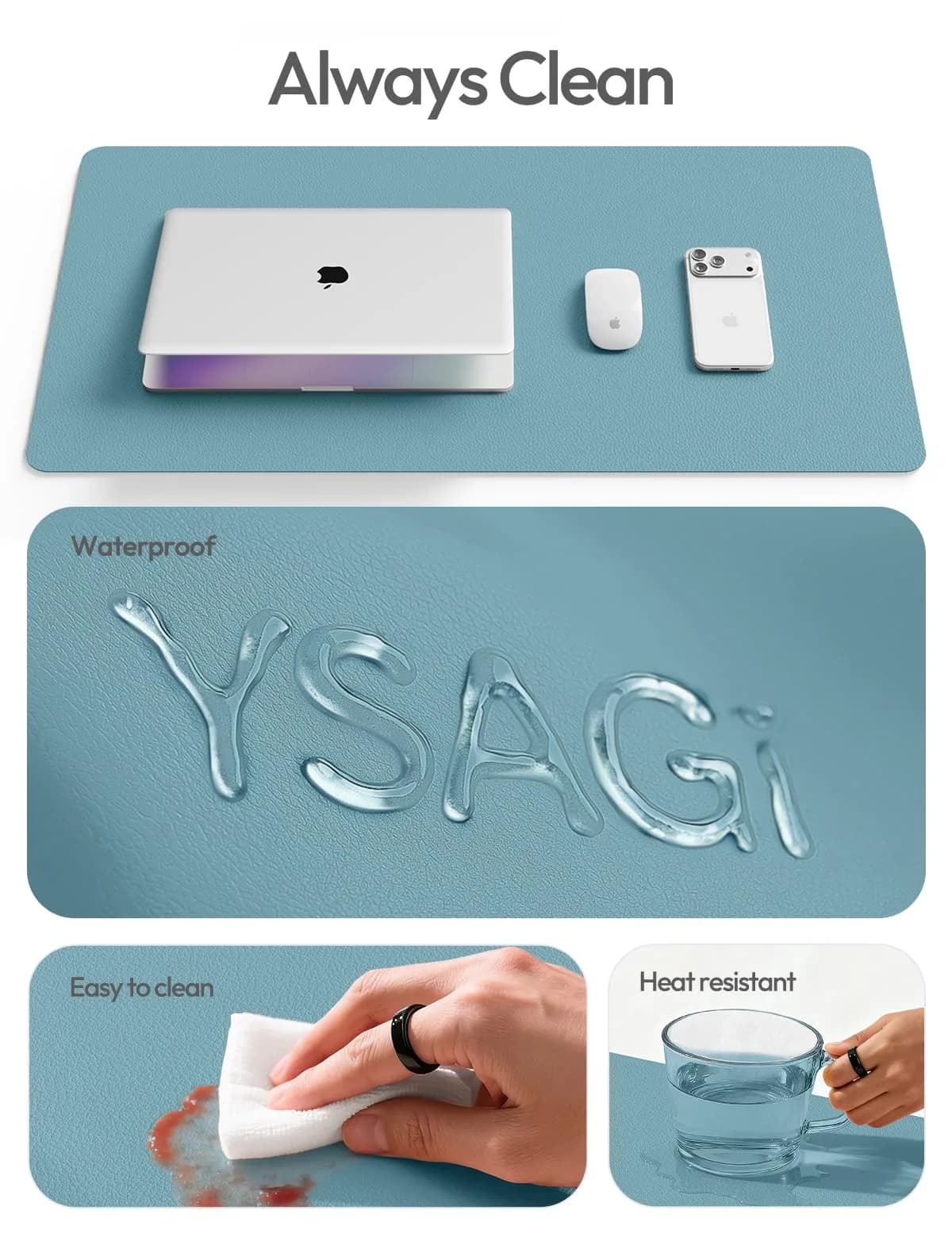 YSAGi Aquamarine PU Leather Desk Pad Protector 89.9cm x 43.2cm (35.4" x 17") | Protects Desks, Doubles as Large Mouse Pad - view 7