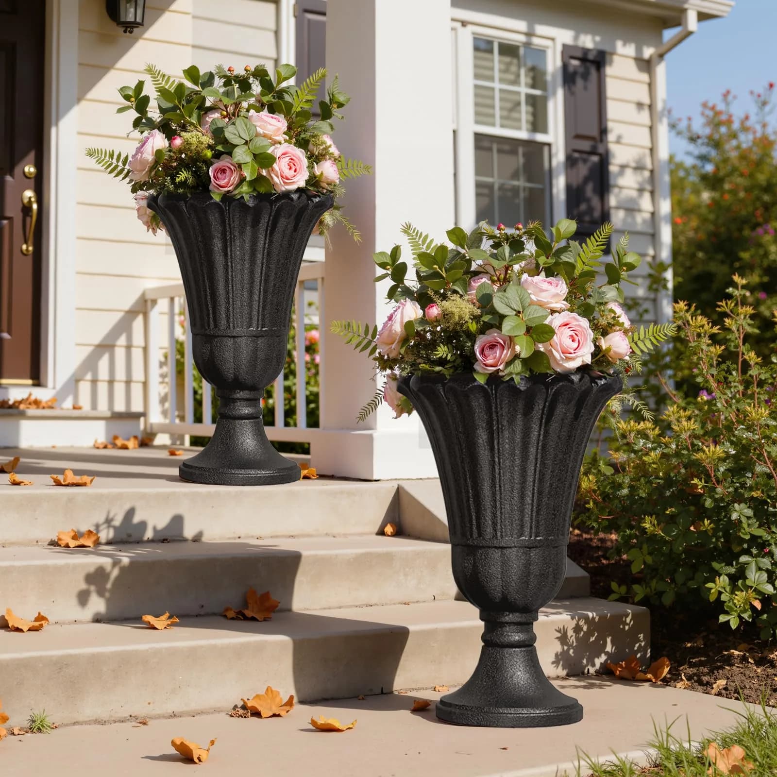 Diyfire Tall Plastic Urn Planters for Outdoor Plants Set of 2-23.6" H Classic Petal Design Indoor Large Flower Pots with Drainage Holes, Outdoor Planters for Porch Decor/Garden Vase, Black — Black-petal
