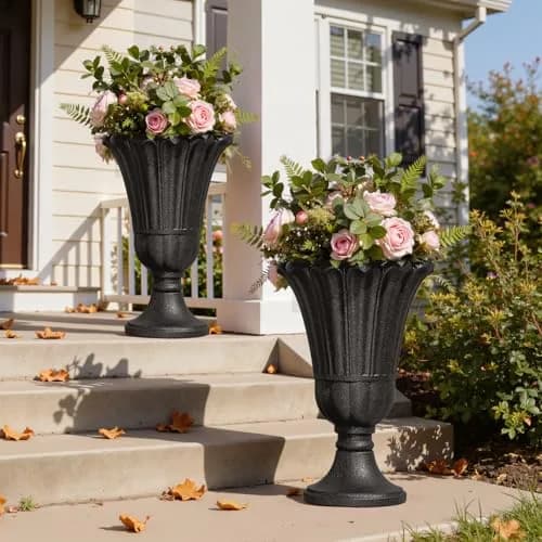 Diyfire Tall Plastic Urn Planters for Outdoor Plants Set of 2-23.6" H Classic Petal Design Indoor Large Flower Pots with Drainage Holes, Outdoor Planters for Porch Decor/Garden Vase, Black thumbnail 1
