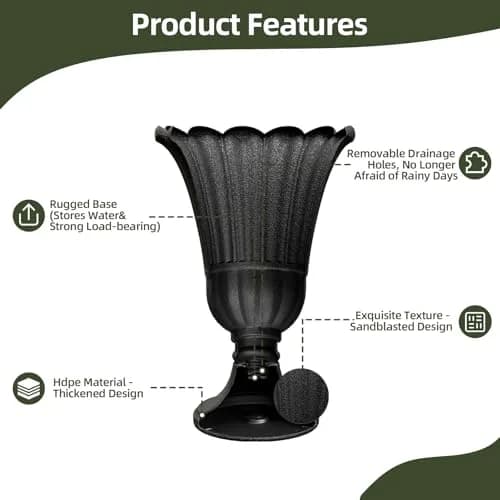 Diyfire Tall Plastic Urn Planters for Outdoor Plants Set of 2-23.6" H Classic Petal Design Indoor Large Flower Pots with Drainage Holes, Outdoor Planters for Porch Decor/Garden Vase, Black thumbnail 4