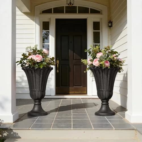 Diyfire Tall Plastic Urn Planters for Outdoor Plants Set of 2-23.6" H Classic Petal Design Indoor Large Flower Pots with Drainage Holes, Outdoor Planters for Porch Decor/Garden Vase, Black thumbnail 6