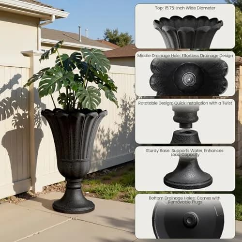Diyfire Tall Plastic Urn Planters for Outdoor Plants Set of 2-23.6" H Classic Petal Design Indoor Large Flower Pots with Drainage Holes, Outdoor Planters for Porch Decor/Garden Vase, Black thumbnail 3