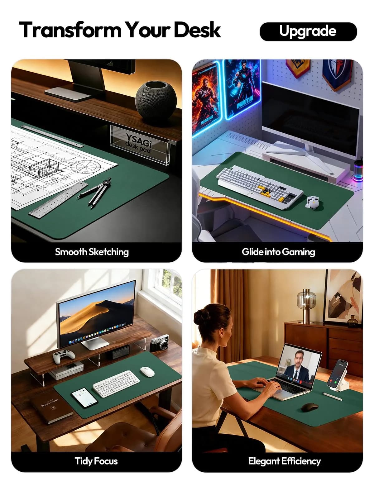 YSAGi Seafoam Green Desk Pad Protector, Large Mouse Pad, 31.5" x 15.8" | Protects Desk, Doubles as Mouse Surface - view 2