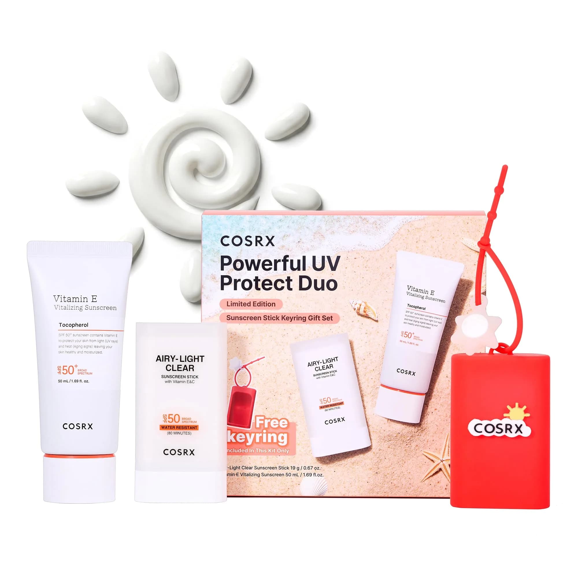 COSRX Vitamin E Sunscreen & Airy Light Sunscreen Stick with Keyring Gift | SPF 50+ Broad Spectrum, Lightweight & Non-Sticky, Travel Friendly - main product image