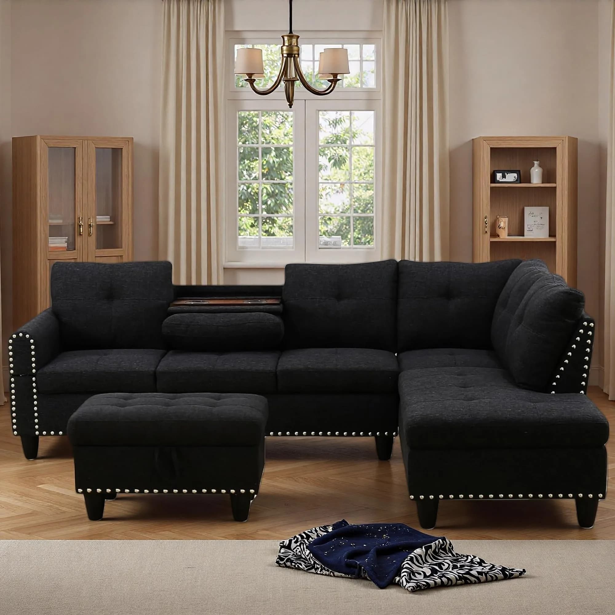 Topcomfy 97.5" L Shaped Couch Set Linen | Modular Living Room Sofa with Storage Ottoman