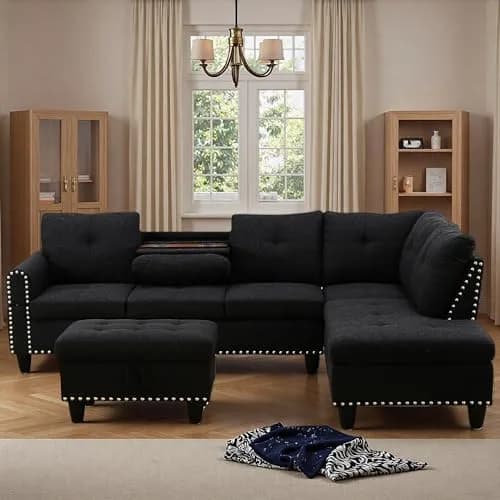 Topcomfy 97.5" L Shaped Couch Set Linen | Modular Living Room Sofa with Storage Ottoman thumbnail 1