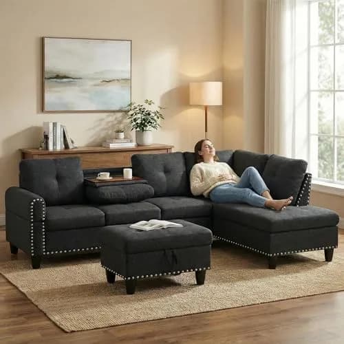 Topcomfy 97.5" L Shaped Couch Set Linen | Modular Living Room Sofa with Storage Ottoman thumbnail 7