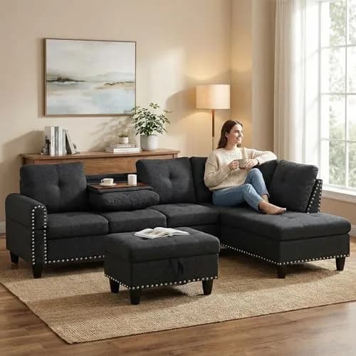 Topcomfy 97.5" L Shaped Couch Set Linen | Modular Living Room Sofa with Storage Ottoman thumbnail 2