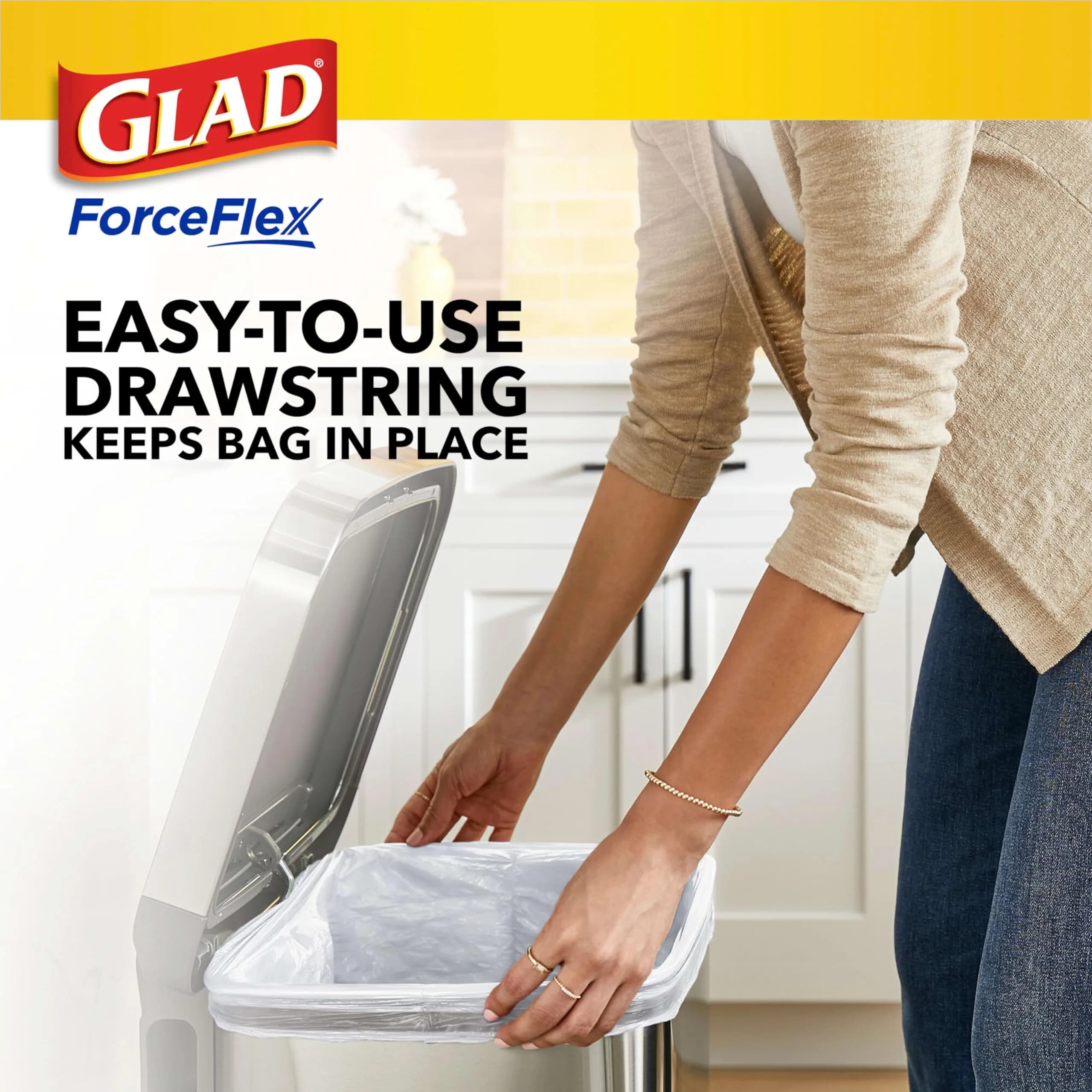 Glad ForceFlex Tall Kitchen Drawstring Trash Bags, 13 Gallon, Fragrance Free, 140 Count | USA Imported Value Pack - view 4