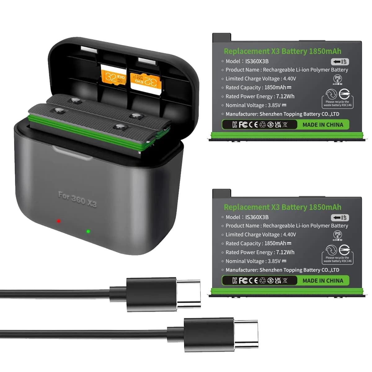 METACUCU 1850mAh Dual Battery & USB-C Charger for Insta360 X3 Camera | Extended Shooting Time — Green-360X3