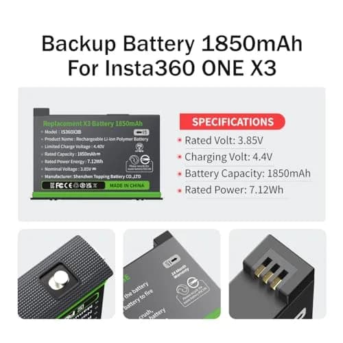 METACUCU 1850mAh Dual Battery & USB-C Charger for Insta360 X3 Camera | Extended Shooting Time thumbnail 6
