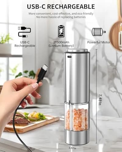 CIRCLE JOY Electric Pepper Grinder Stainless Steel Rechargeable with Variable Speed & LED Light | 95ml Container thumbnail 4