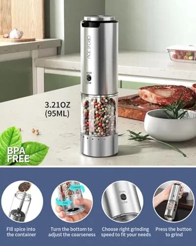 CIRCLE JOY Electric Pepper Grinder Stainless Steel Rechargeable with Variable Speed & LED Light | 95ml Container thumbnail 5