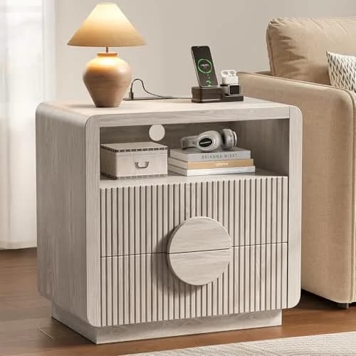OneBlis 23" Wide Fluted Nightstand with Charging Station | Mid Century Bedside Table in Gray Oak thumbnail 1