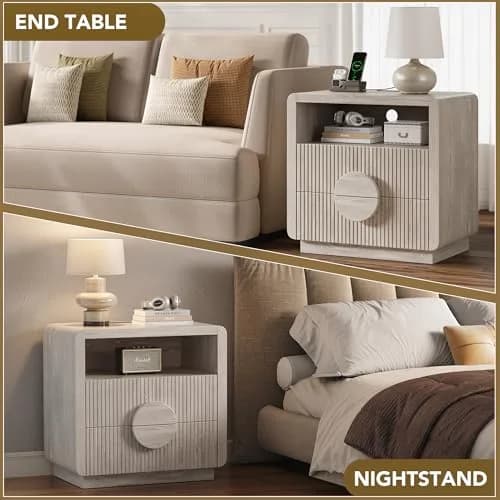 OneBlis 23" Wide Fluted Nightstand with Charging Station | Mid Century Bedside Table in Gray Oak thumbnail 7