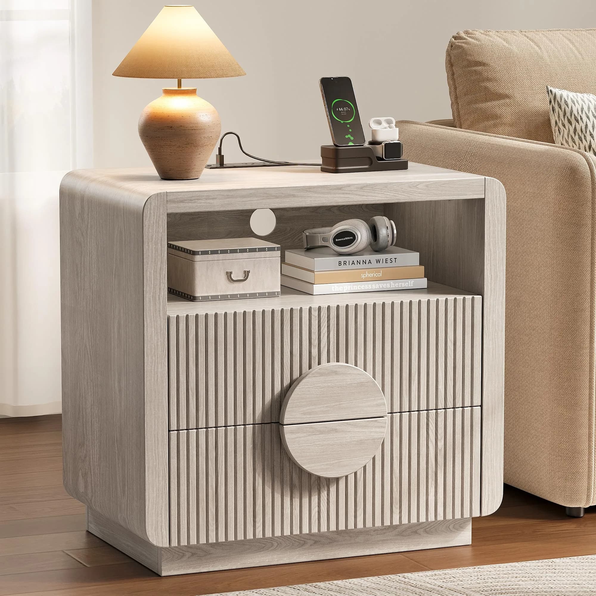 OneBlis 23" Wide Fluted Nightstand with Charging Station | Mid Century Bedside Table in Gray Oak