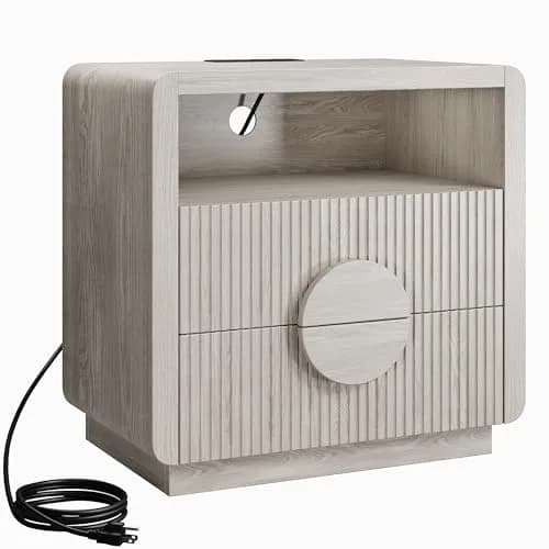 OneBlis 23" Wide Fluted Nightstand with Charging Station | Mid Century Bedside Table in Gray Oak thumbnail 8
