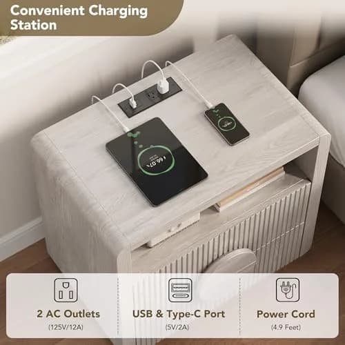 OneBlis 23" Wide Fluted Nightstand with Charging Station | Mid Century Bedside Table in Gray Oak thumbnail 3