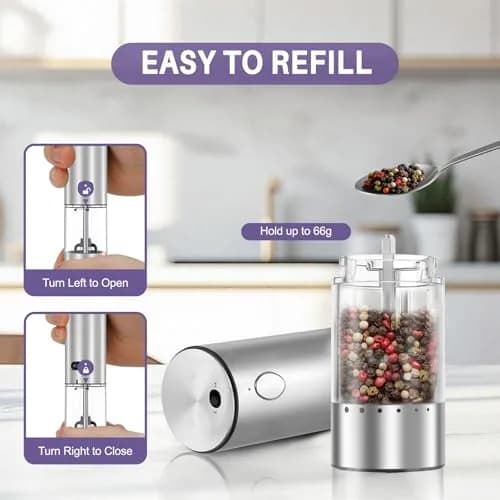 GATTLELIC Electric Salt and Pepper Grinder Set, 95ml Capacity, USB Rechargeable, LED Light, Adjustable Coarseness thumbnail 3