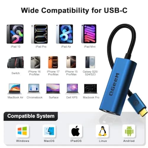QGeeM USB C to Ethernet Adapter 1000Mbps | Stable Gigabit Network for USB-C Devices thumbnail 6