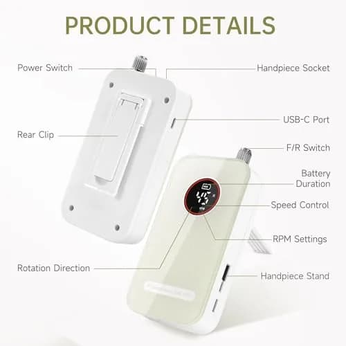 HQMPHQ Professional Nail Drill 45000RPM Rechargeable Electric Nail File | Whisper-Quiet Operation thumbnail 4