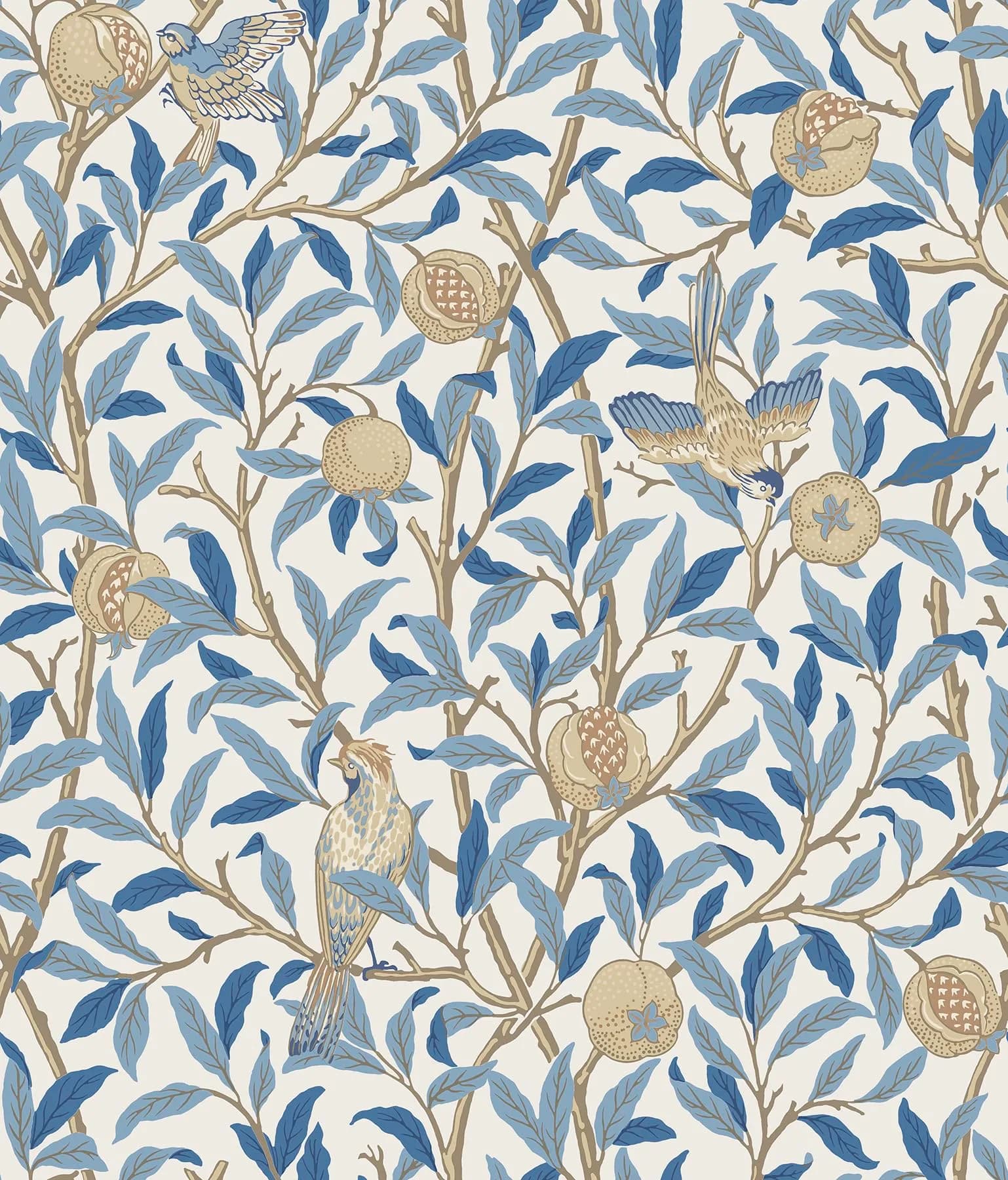 NuWallpaper x Morris & Co. Bird and Pomegranate Woad Peel and Stick Wallpaper | Botanical Floral Pattern, 20.5" x 18ft, Blue - main product image