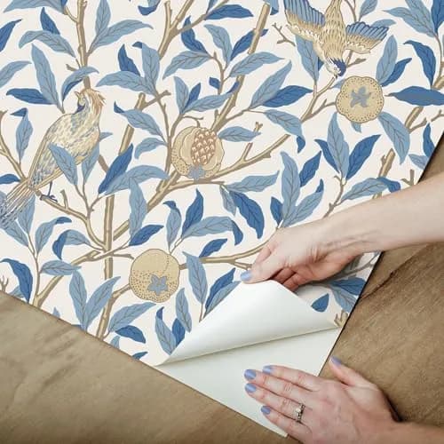 NuWallpaper x Morris & Co. Bird and Pomegranate Woad Peel and Stick Wallpaper | Botanical Floral Pattern, 20.5" x 18ft, Blue thumbnail 4