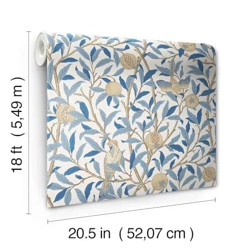 NuWallpaper x Morris & Co. Bird and Pomegranate Woad Peel and Stick Wallpaper | Botanical Floral Pattern, 20.5" x 18ft, Blue thumbnail 6