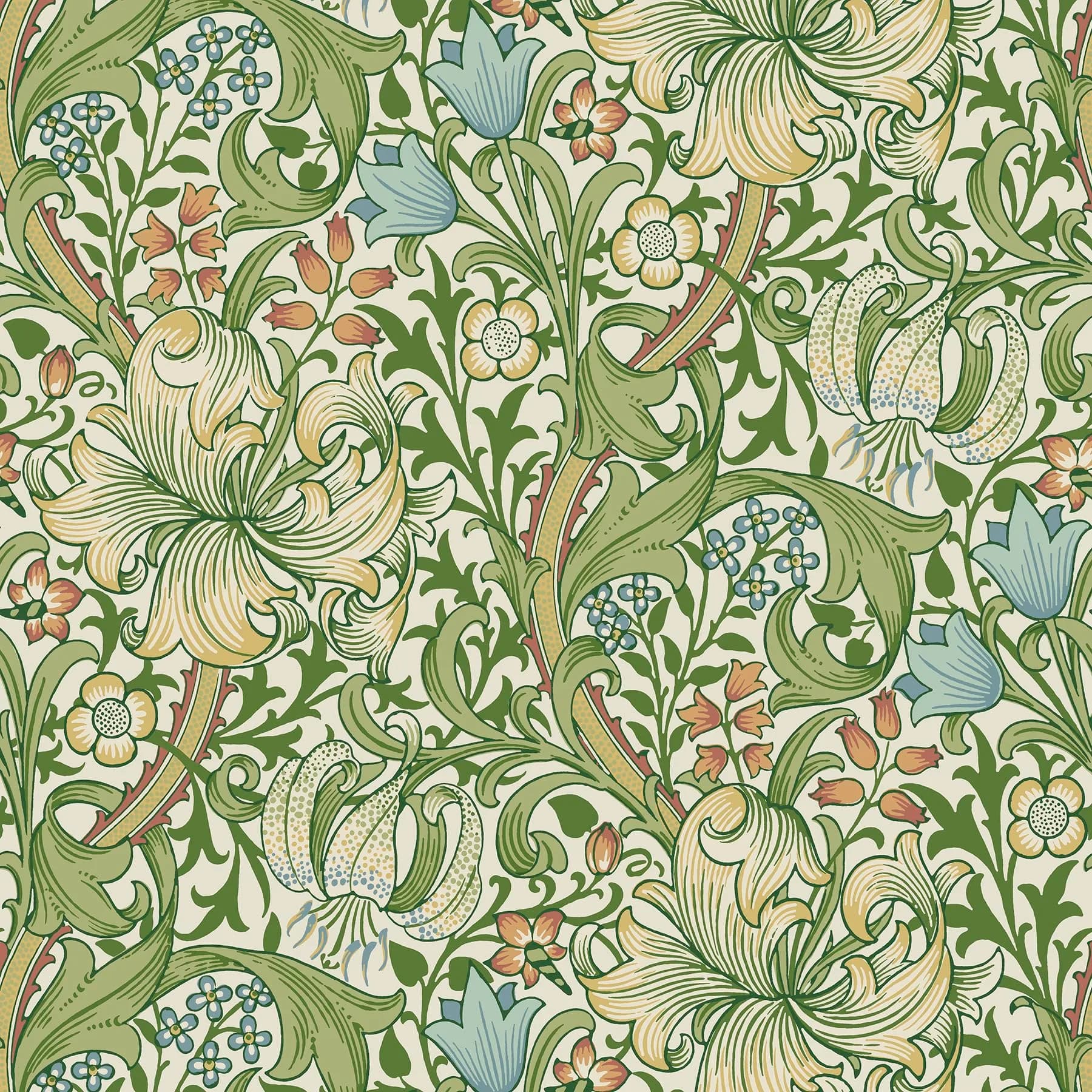 NuWallpaper x Morris & Co. Golden Lily Boughs Green Peel and Stick Wallpaper | Botanical Floral Pattern, 20.5" x 18ft, Green