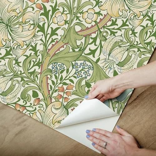 NuWallpaper x Morris & Co. Golden Lily Boughs Green Peel and Stick Wallpaper | Botanical Floral Pattern, 20.5" x 18ft, Green thumbnail 4