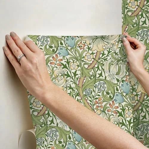 NuWallpaper x Morris & Co. Golden Lily Boughs Green Peel and Stick Wallpaper | Botanical Floral Pattern, 20.5" x 18ft, Green thumbnail 5