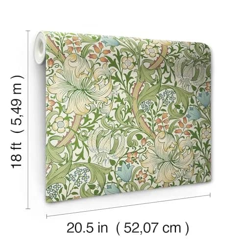 NuWallpaper x Morris & Co. Golden Lily Boughs Green Peel and Stick Wallpaper | Botanical Floral Pattern, 20.5" x 18ft, Green thumbnail 6