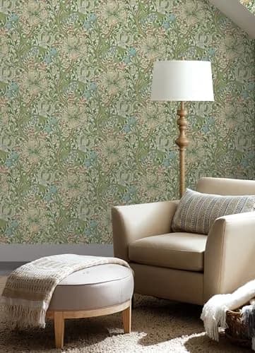 NuWallpaper x Morris & Co. Golden Lily Boughs Green Peel and Stick Wallpaper | Botanical Floral Pattern, 20.5" x 18ft, Green thumbnail 2