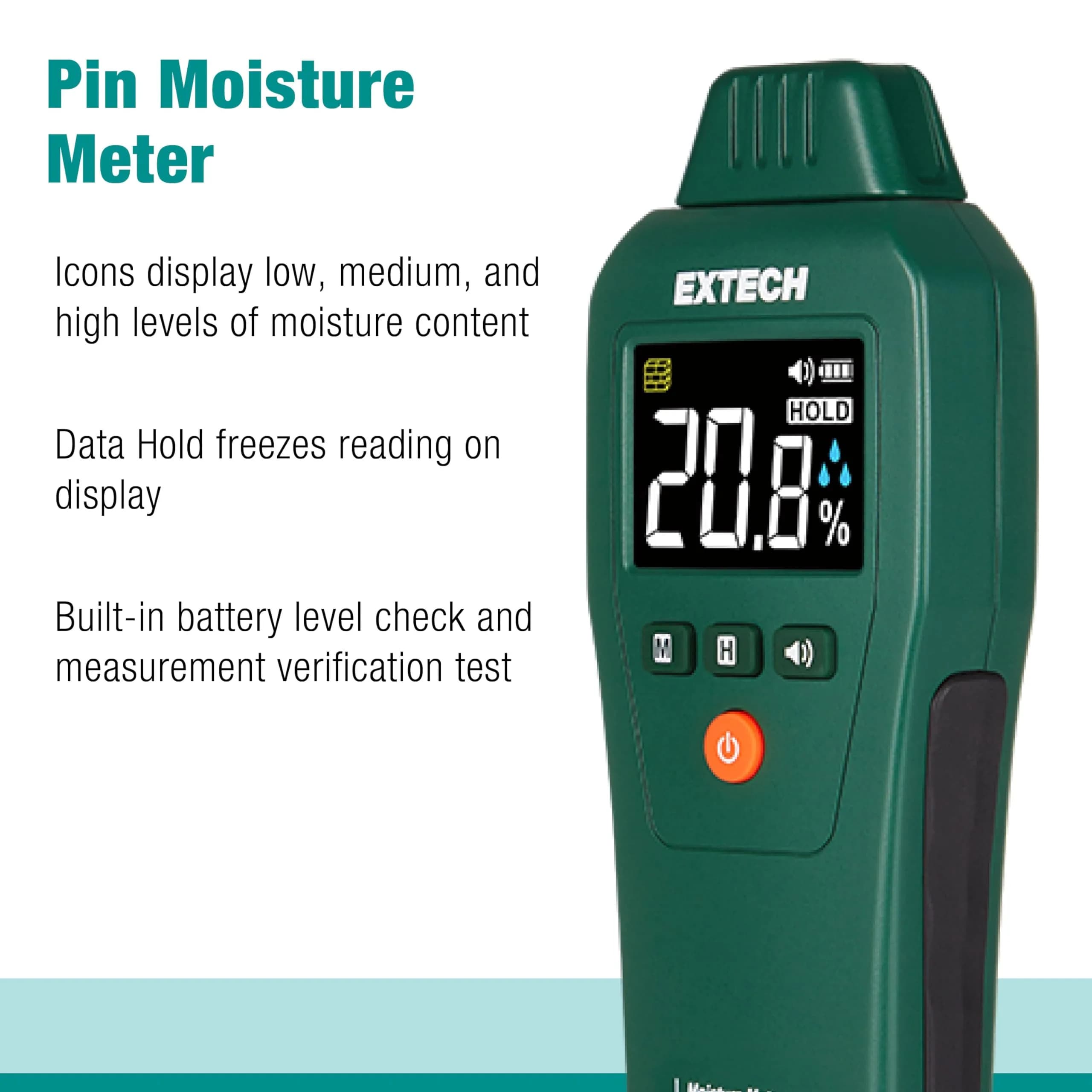 Extech MO50A Compact Pin Moisture Meter | 6.7 x 2.7 x 1.3 inches (17 x 6.9 x 3.3 cm) | Wood 5-50%, Building Materials 1.5-33% - view 5