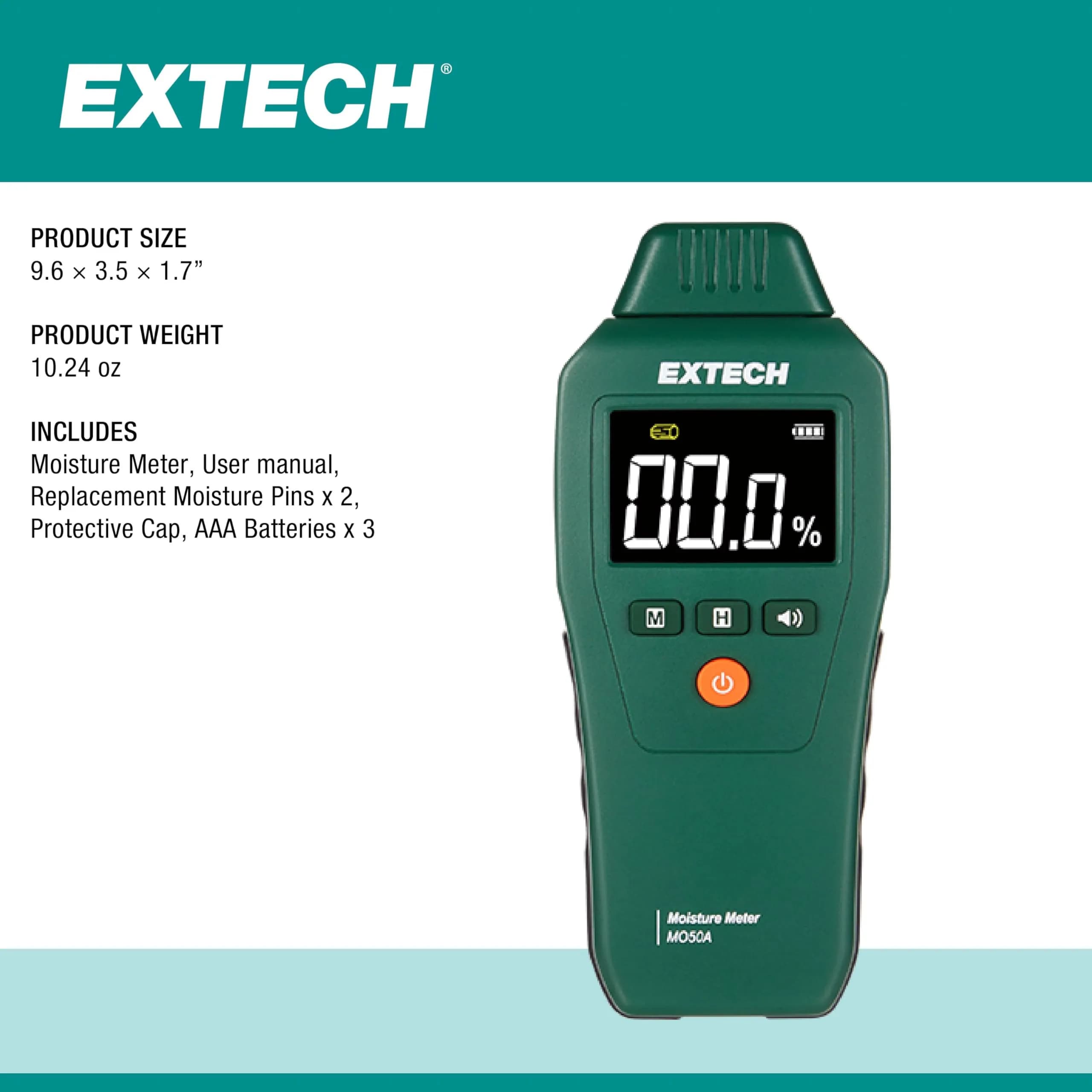Extech MO50A Compact Pin Moisture Meter | 6.7 x 2.7 x 1.3 inches (17 x 6.9 x 3.3 cm) | Wood 5-50%, Building Materials 1.5-33% - view 7